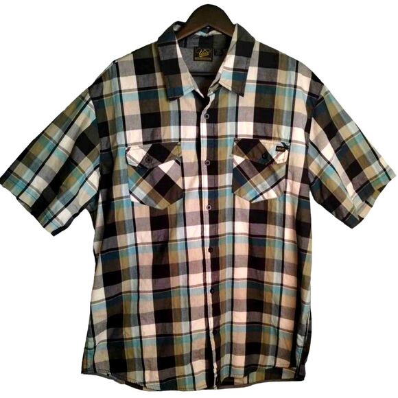 Utility Board Shop Mens Size 2XL Blue Black Gold Button Up Short Sleeve Shirt - Picture 1 of 7